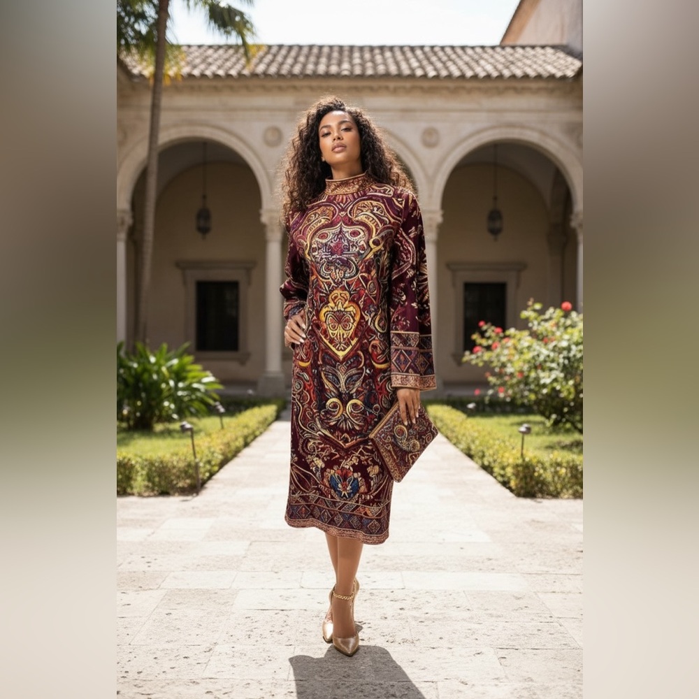 Fashion Nova Maroon and Gold Long Sleeve Dress☑️